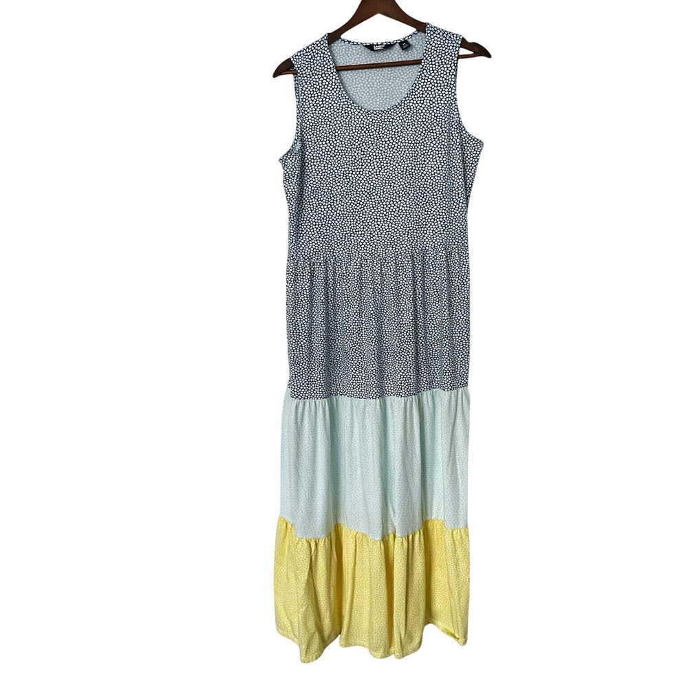 Lands End Maxi Dress M Tiered Colorblock Sleeveless Cotton Modal Stretch Coastal